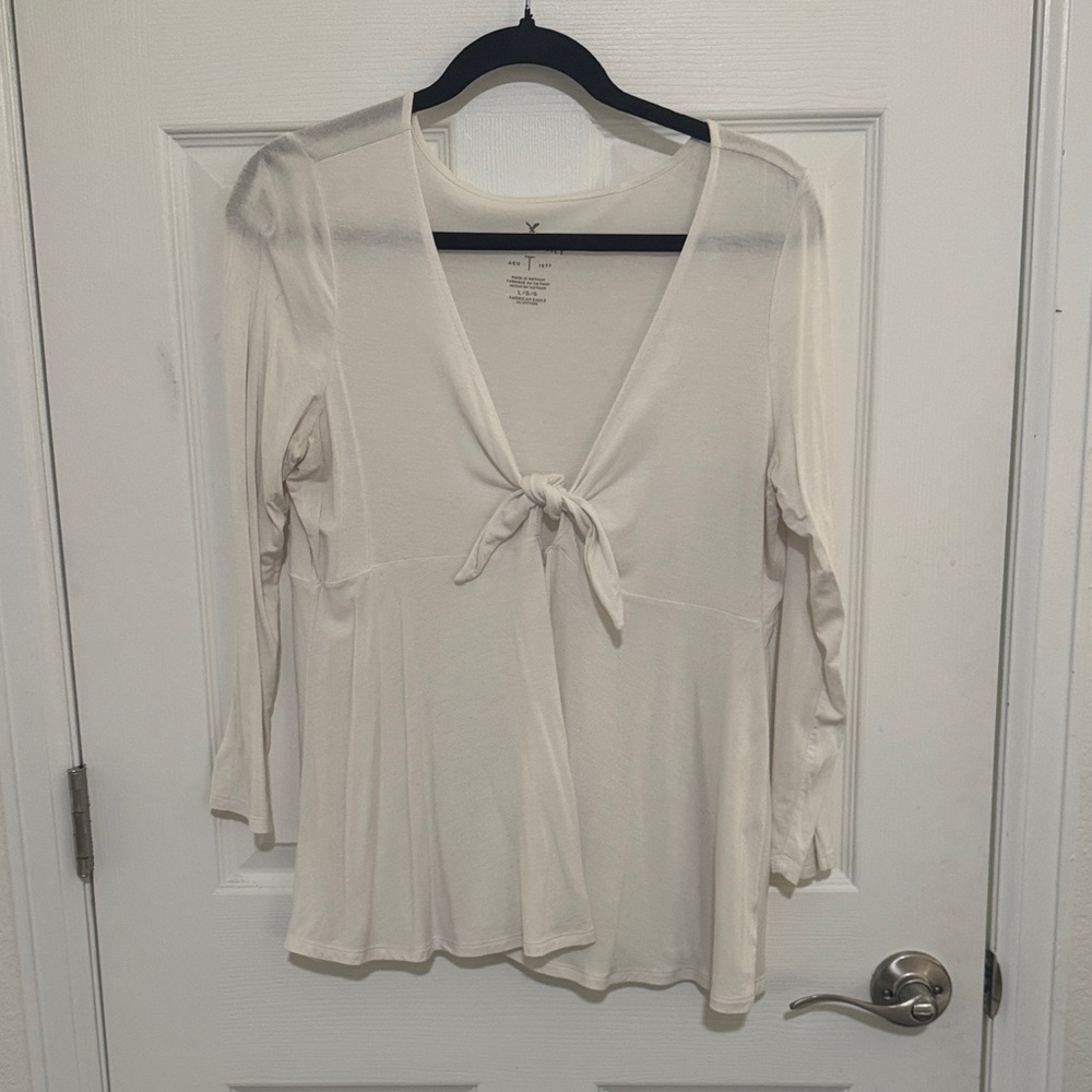 American Eagle Outfitters Cream Tie-Front Blouse